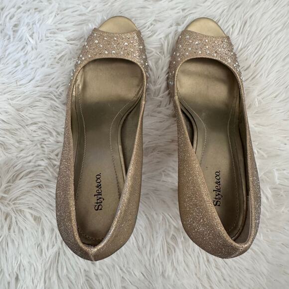 Style & Co Monae Peek A Boo Gold Rhinestone Heels Size 7M - Picture 4 of 9